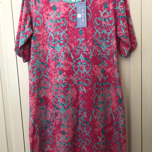 Ana Clare Scalloped Sleeve & Hem Womans Dress Pink Turquoise Size Large NWT - Picture 1 of 3